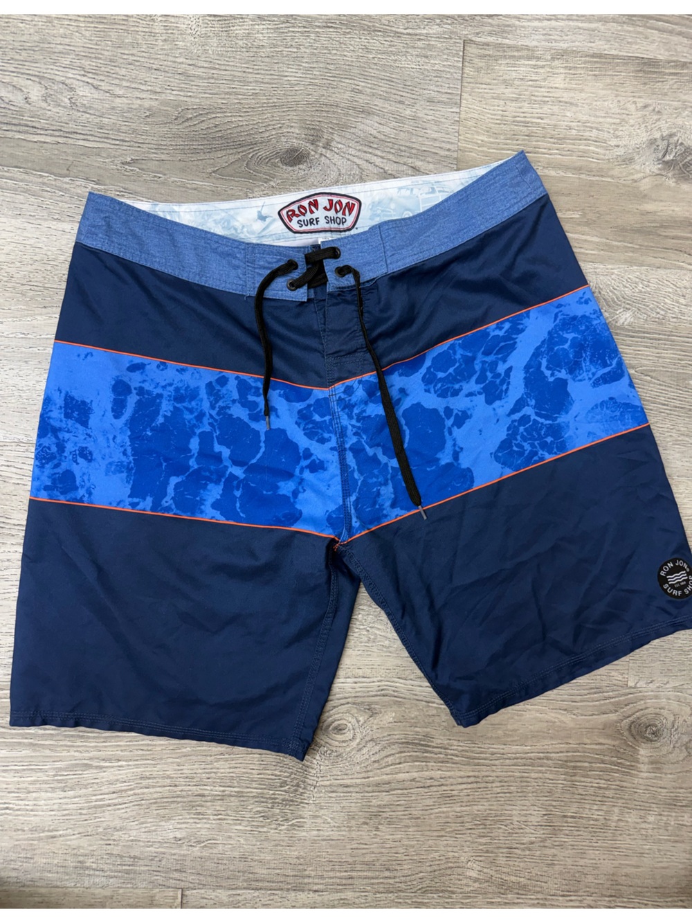 Ron Jon Men's Navy and Blue Striped Swim Trunks